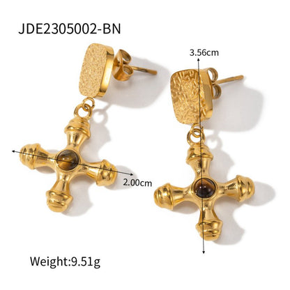 18K Gold Stainless Steel Inlaid Tigereye Cross Pendant Earrings For Women-Jewearrings