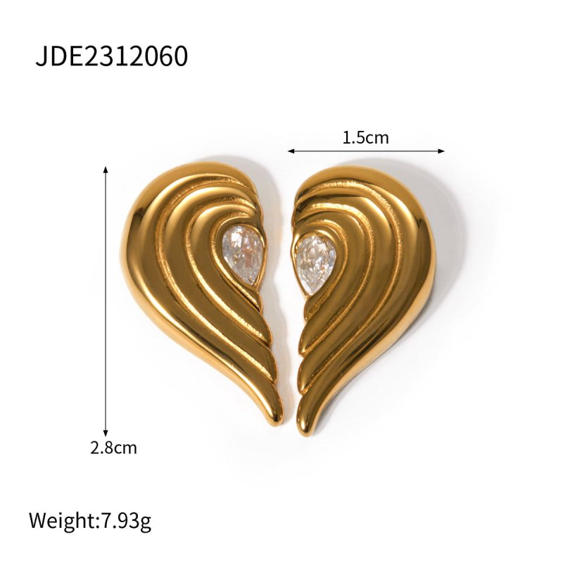 18k Gold Stainless Steel Inlaid Zircon Symmetrical Heart Earrings-Jewearrings