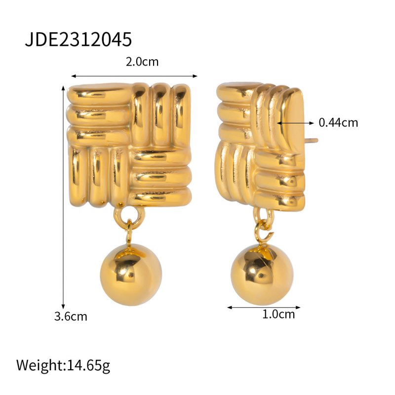 18k Gold Stainless Steel Knitted Textured Round Ball Pendant Earrings-Jewearrings