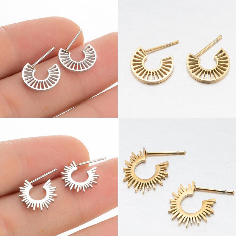 18K Gold Stainless Steel Korean Female Round Geometric Sun Flower Stud Earrings-Jewearrings