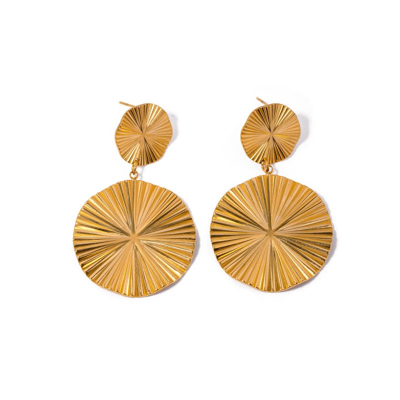 18K Gold Stainless Steel Pleated Round Pendant High Profile Large Women's Earrings-Jewearrings