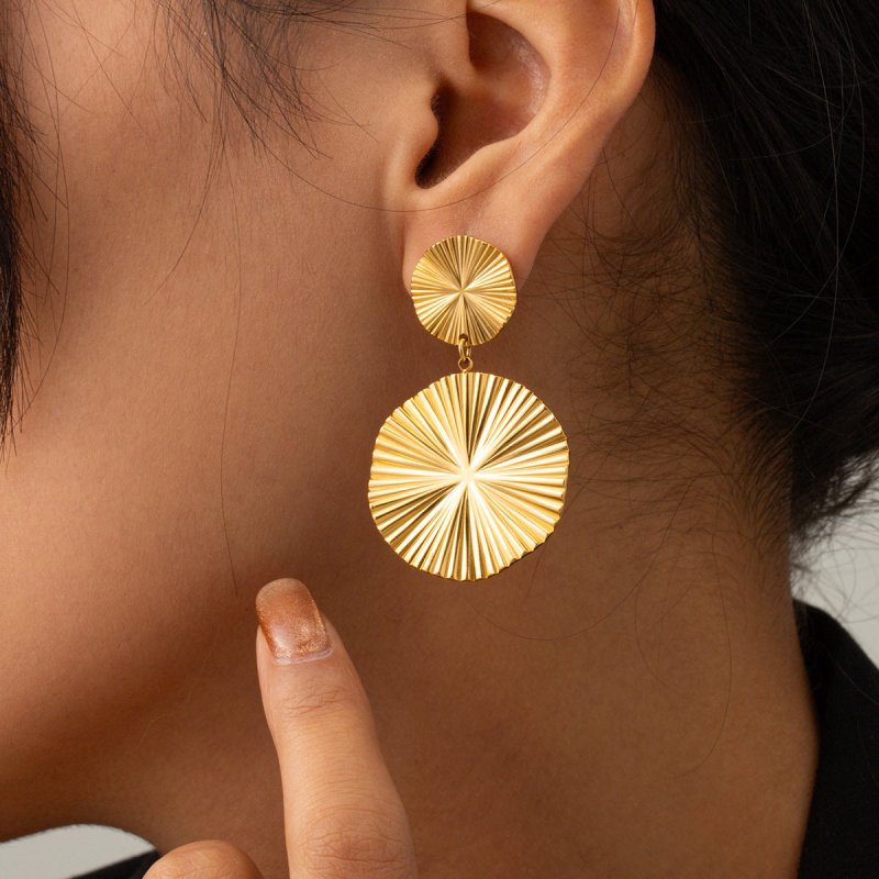 18K Gold Stainless Steel Pleated Round Pendant High Profile Large Women's Earrings-Jewearrings