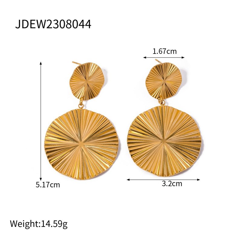 18K Gold Stainless Steel Pleated Round Pendant High Profile Large Women's Earrings-Jewearrings