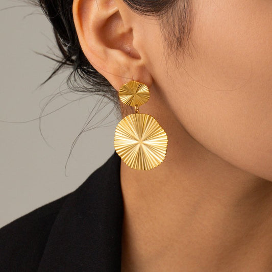 18K Gold Stainless Steel Pleated Round Pendant High Profile Large Women's Earrings-Jewearrings