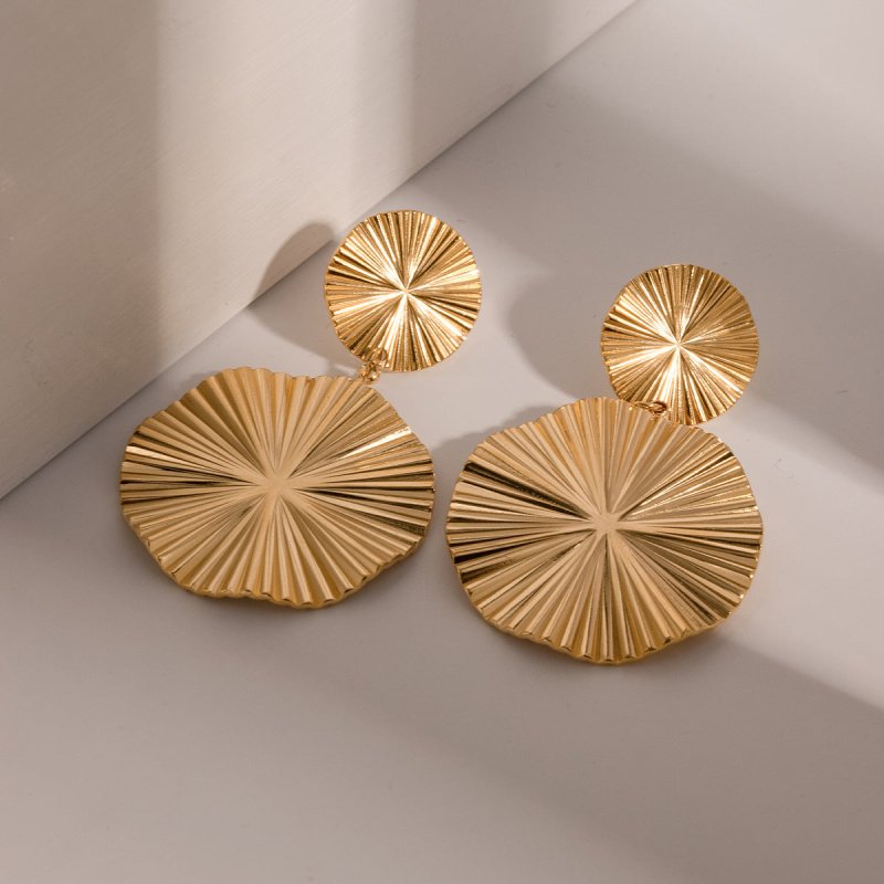 18K Gold Stainless Steel Pleated Round Pendant High Profile Large Women's Earrings-Jewearrings