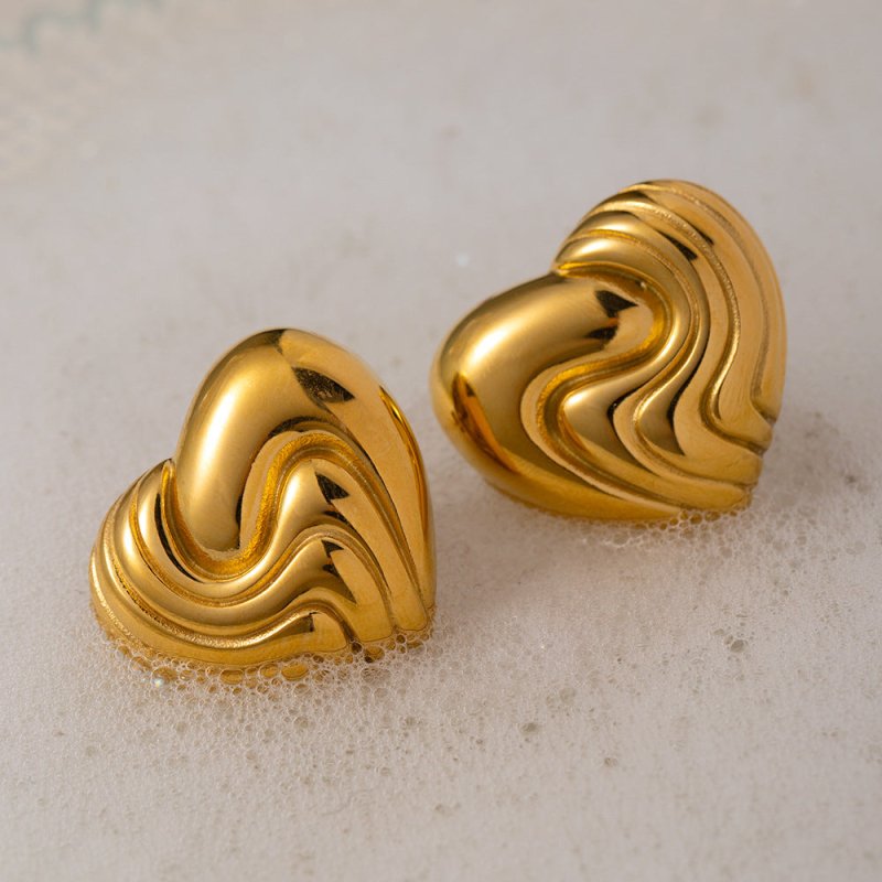 18k Gold Stainless Steel Textured Heart Earrings-Jewearrings