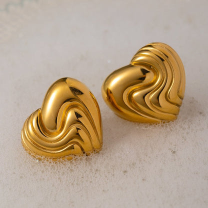 18k Gold Stainless Steel Textured Heart Earrings-Jewearrings