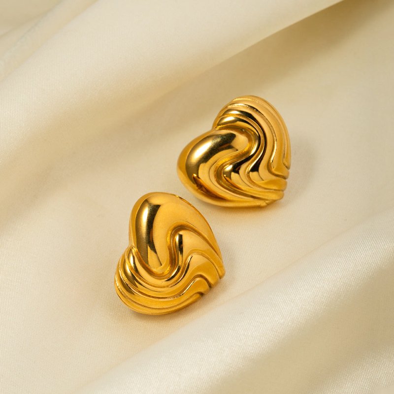 18k Gold Stainless Steel Textured Heart Earrings-Jewearrings