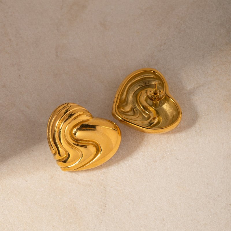 18k Gold Stainless Steel Textured Heart Earrings-Jewearrings