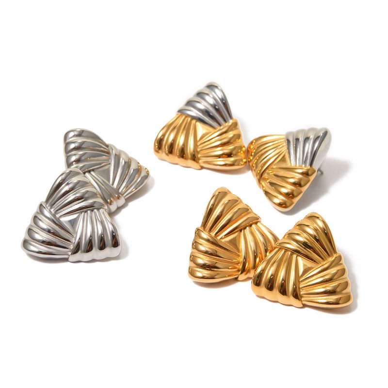 18k Gold Stainless Steel Woven Texture Triangular Earrings-Jewearrings