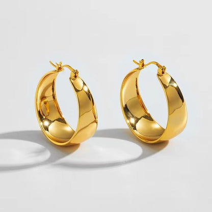 18K Gold Widened Curved Stainless Steel Earrings-Jewearrings