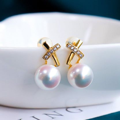 18K Gold Zircon Cross Earrings Sea Pearl-Jewearrings