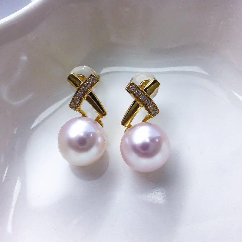 18K Gold Zircon Cross Earrings Sea Pearl-Jewearrings