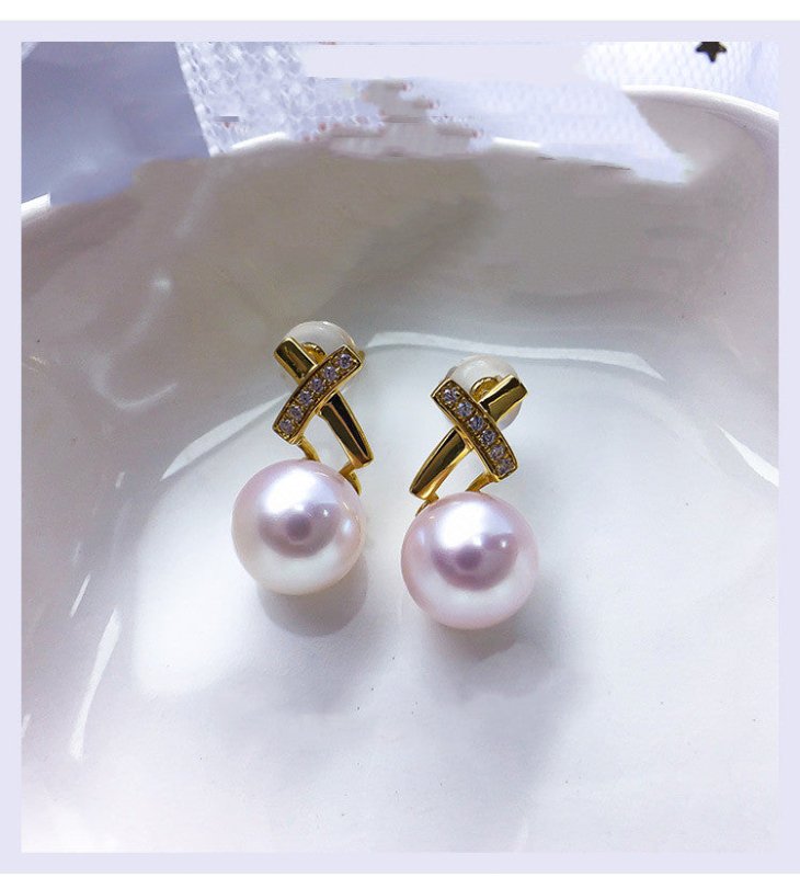 18K Gold Zircon Cross Earrings Sea Pearl-Jewearrings