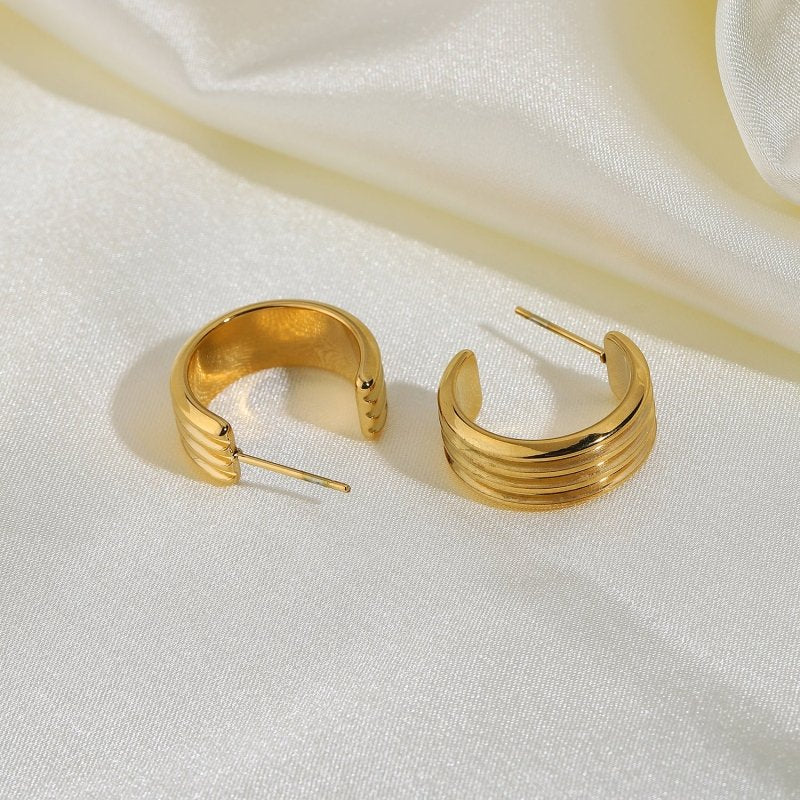 18K Vacuum Gold Plated L Stainless Steel Three-layer C Shape Tire Earrings-Jewearrings