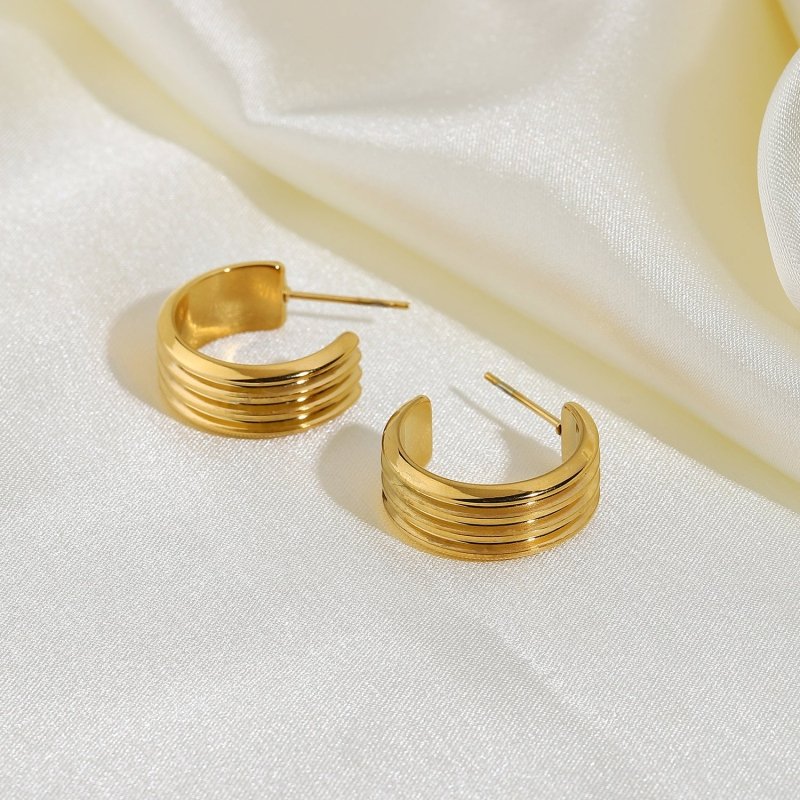 18K Vacuum Gold Plated L Stainless Steel Three-layer C Shape Tire Earrings-Jewearrings