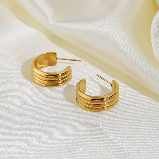 18K Vacuum Gold Plated L Stainless Steel Three-layer C Shape Tire Earrings-Jewearrings