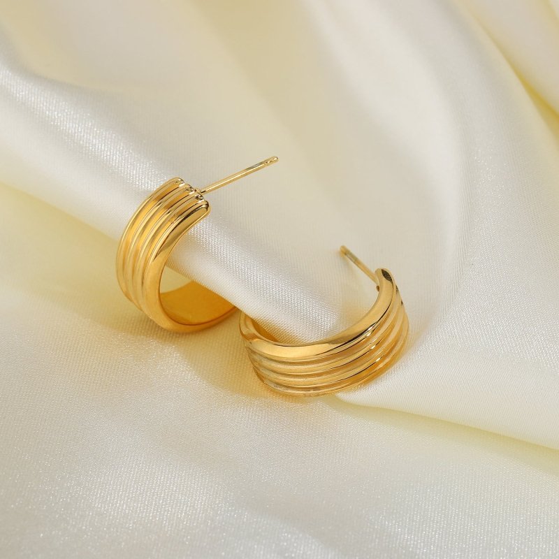 18K Vacuum Gold Plated L Stainless Steel Three-layer C Shape Tire Earrings-Jewearrings