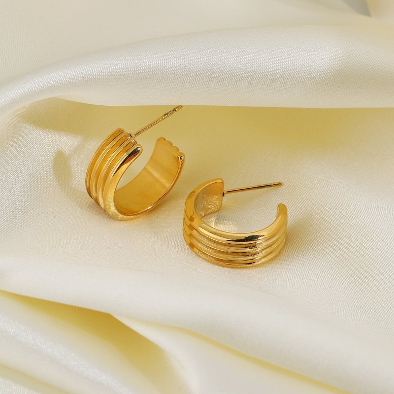 18K Vacuum Gold Plated L Stainless Steel Three-layer C Shape Tire Earrings-Jewearrings