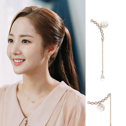 Temperament earrings Korean drama gold secretary Park Min-ying with the earrings Pearl long earrings-Jewearrings