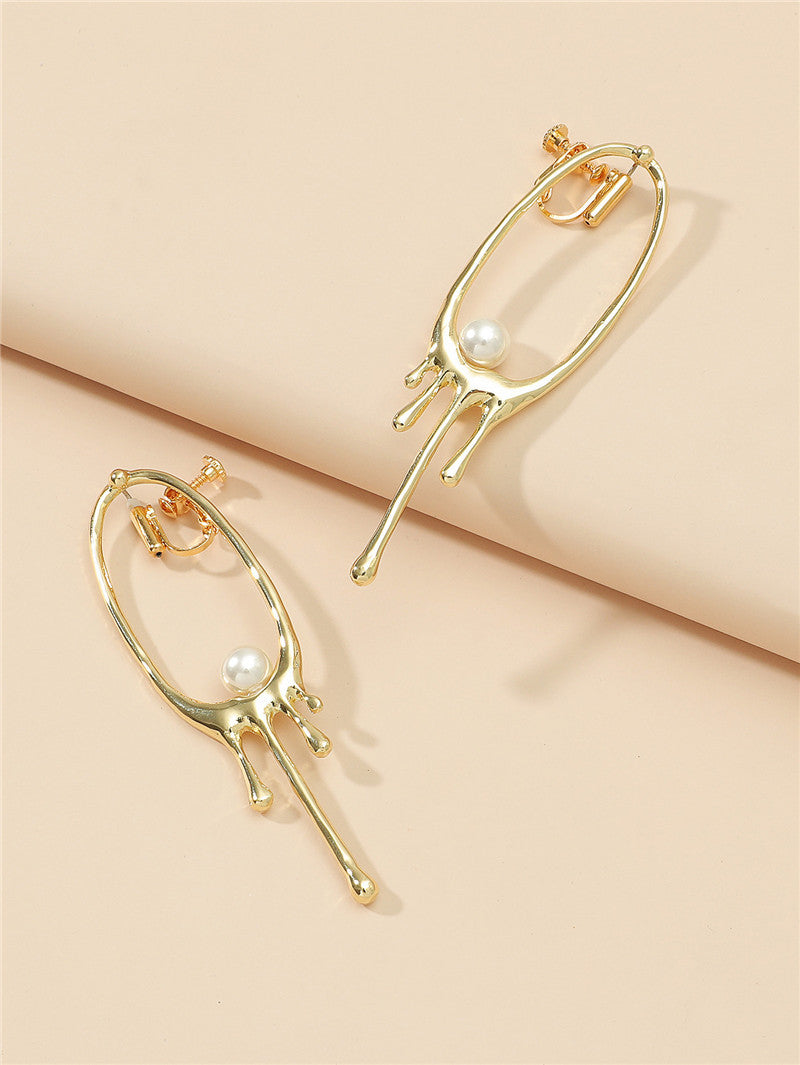 Oval Irregular Metal Lava Pearl Long Earrings-Jewearrings