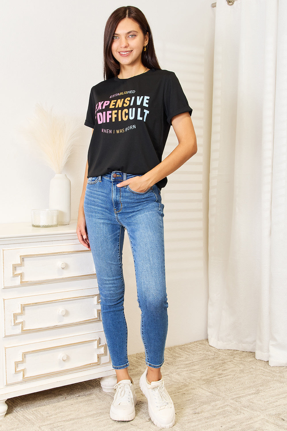 Simply Love Slogan Graphic Cuffed Sleeve T-Shirt-Jewearrings