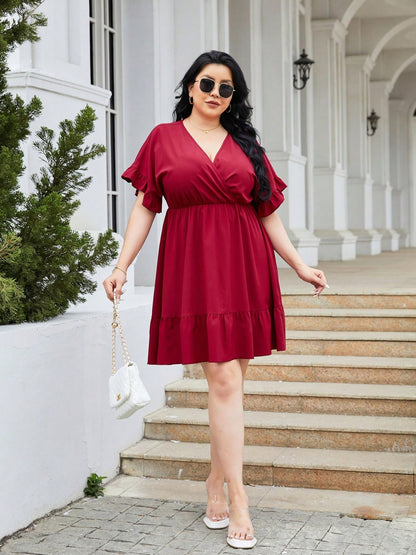 Plus Size Ruched Surplice Flounce Sleeve Mini Dress-Jewearrings