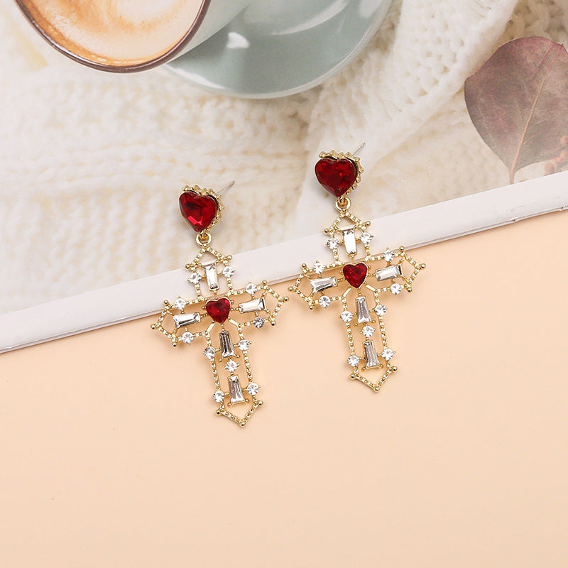 Golden cross earrings peach heart exaggerated earrings-Jewearrings