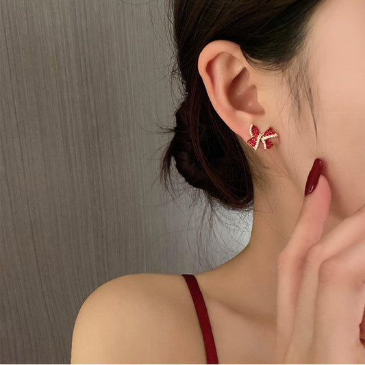 Red Super Flash Bow Stud Earrings Compact-Jewearrings