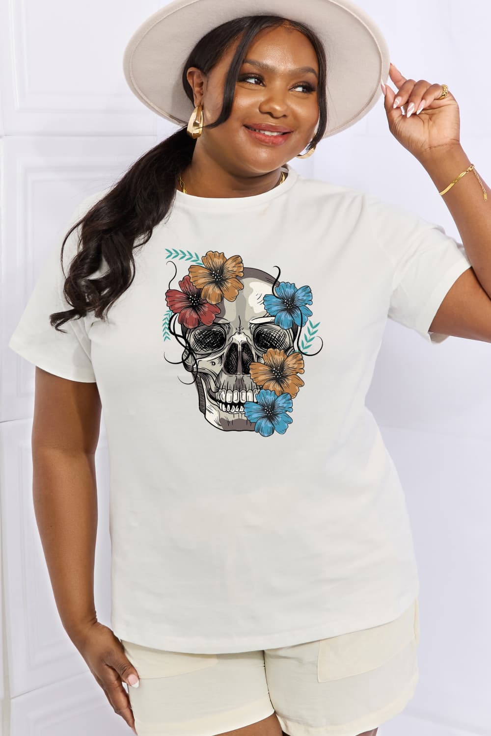 Simply Love Full Size Flower Skull Graphic Cotton Tee-Jewearrings