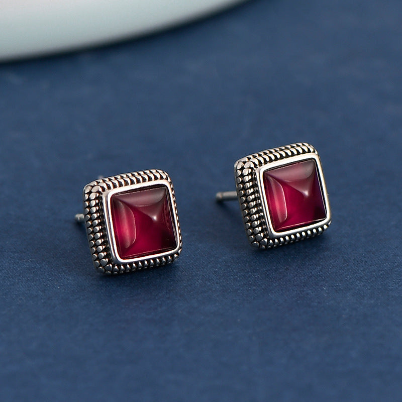 S925 Silver Vintage Court Style Simple Geometric Square Ruby Stud Earrings-Jewearrings