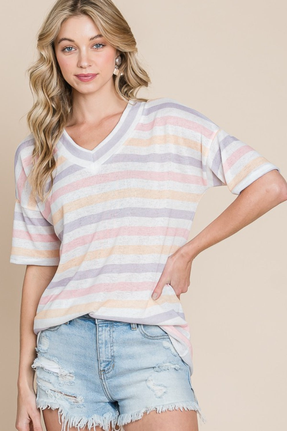 BOMBOM Striped V-Neck Short Sleeve T-Shirt-Jewearrings