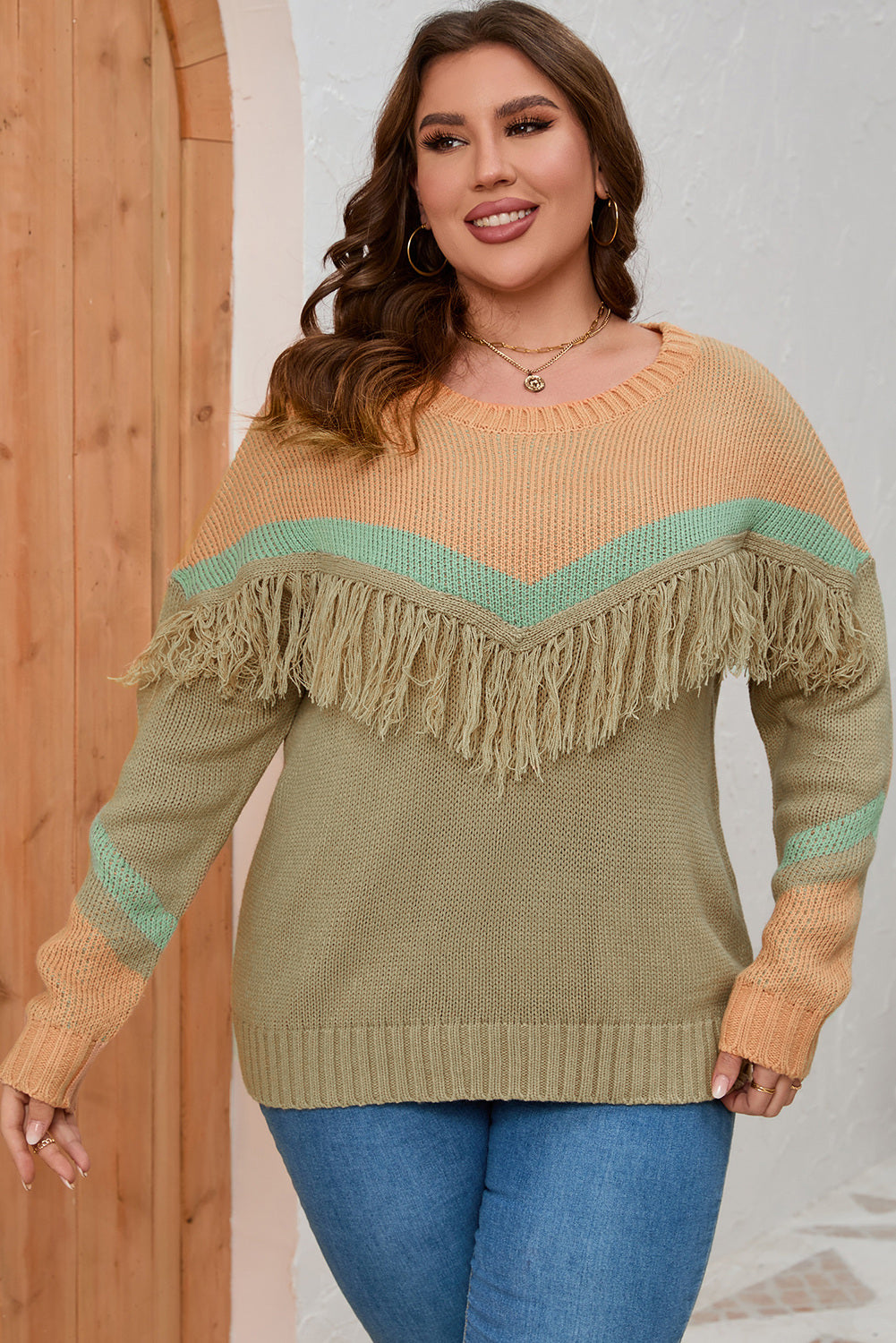 Plus Size Fringe Detail Round Neck Long Sleeve Sweater-Jewearrings