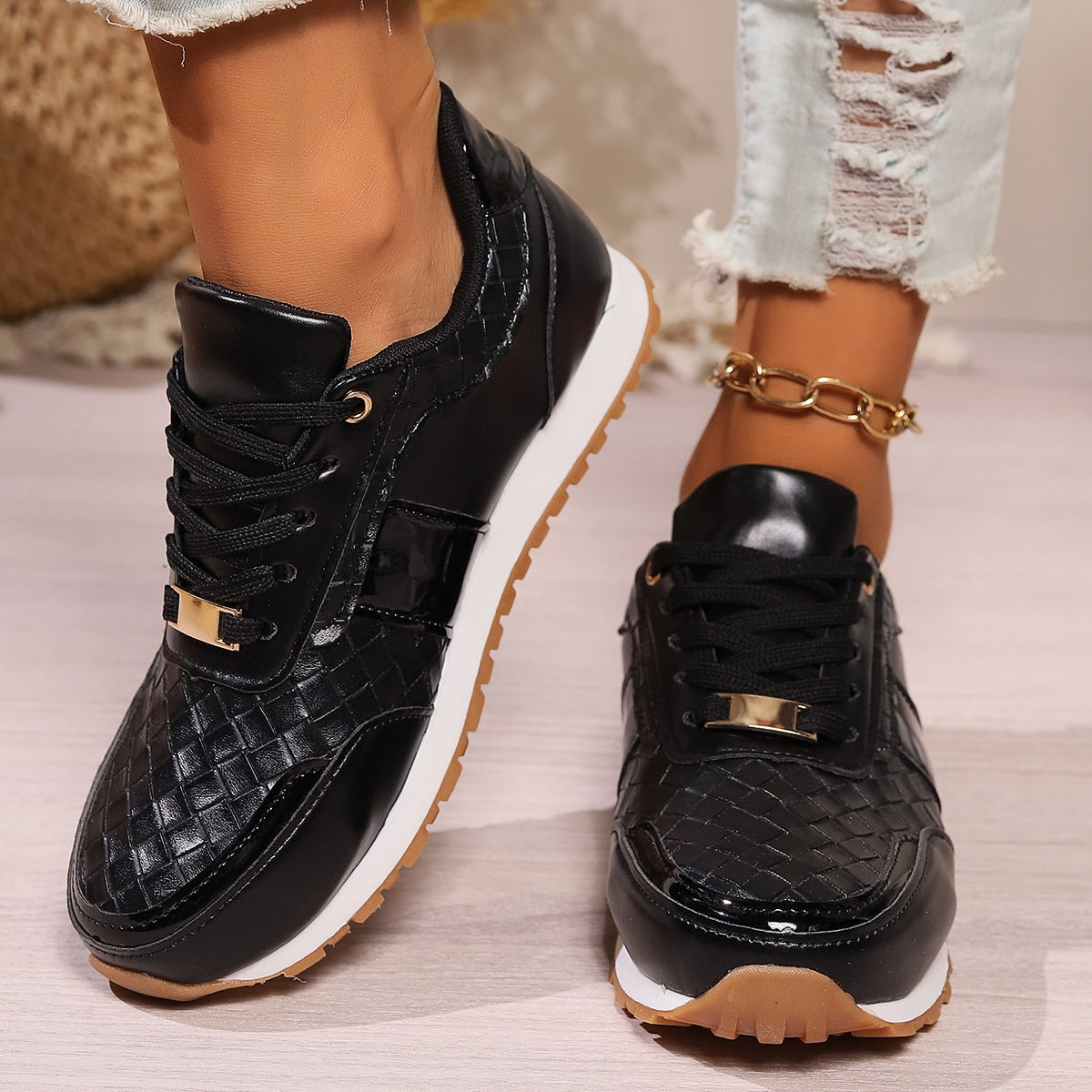 Lace-Up PU Leather Sneakers-Jewearrings