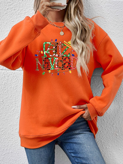 FELIZ NAVIDAD Round Neck Drop Shoulder Sweatshirt-Jewearrings