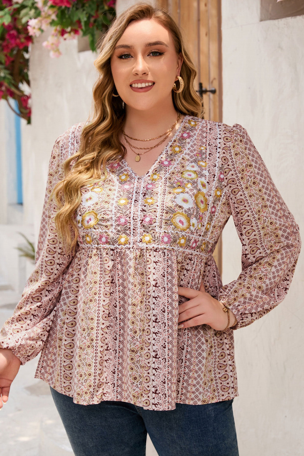 Plus Size V-Neck Printed Long Sleeve Blouse-Jewearrings