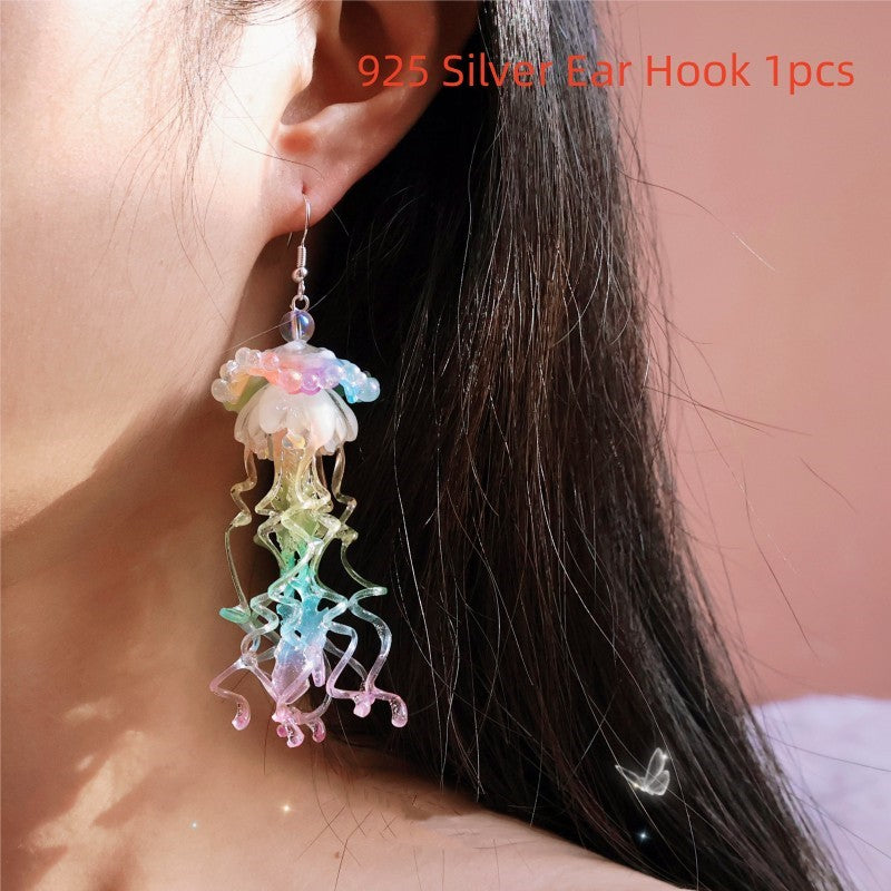 Rainbow Jellyfish Exaggerated Long Ear Clip Earrings-Jewearrings