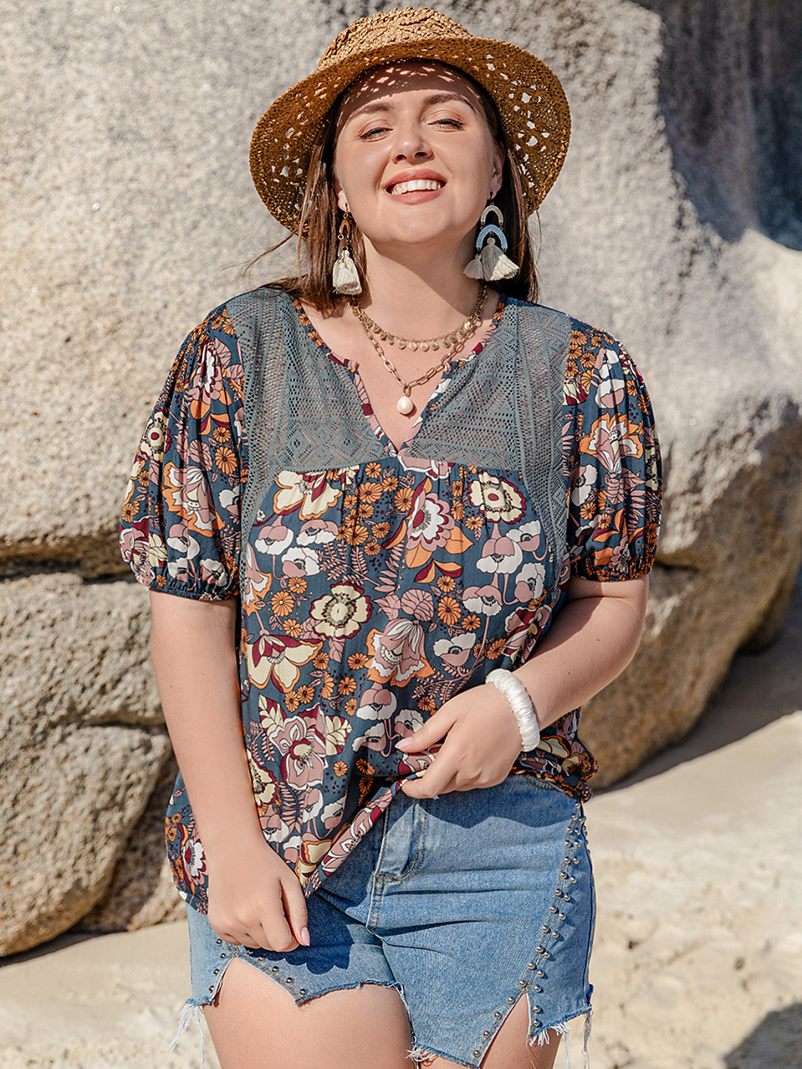 Plus Size Printed Notched Half Sleeve Blouse-Jewearrings