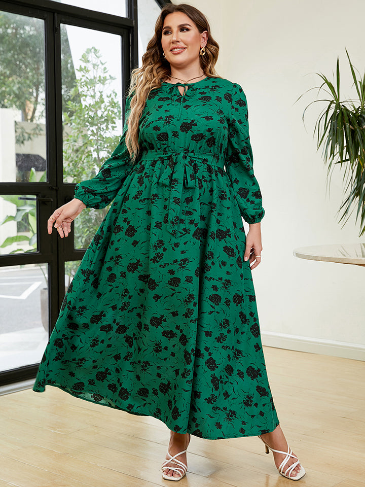 Plus Size Printed Long Sleeve Tie Neck Dress-Jewearrings