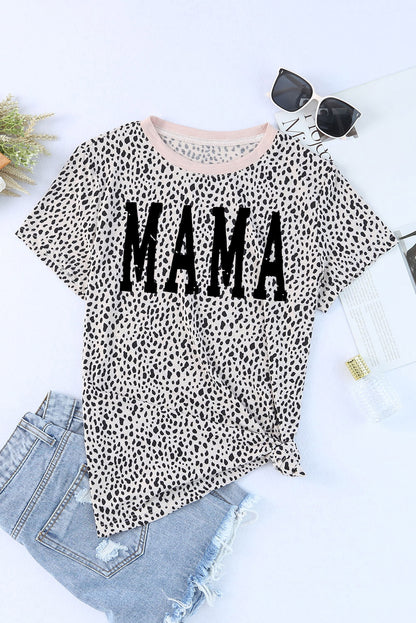 MAMA Animal Print Round Neck Short Sleeve T-Shirt-Jewearrings