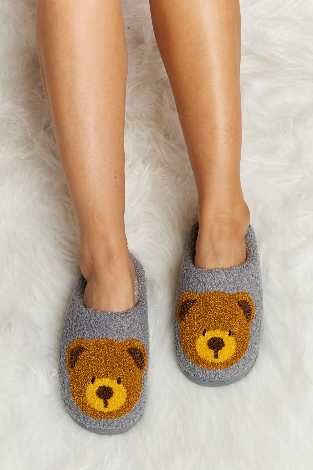 Melody Teddy Bear Print Plush Slide Slippers-Jewearrings