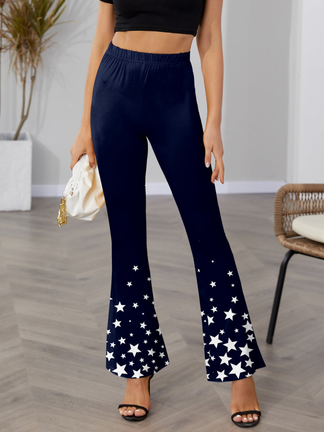 Star Elastic Waist Bootcut Pants-Jewearrings