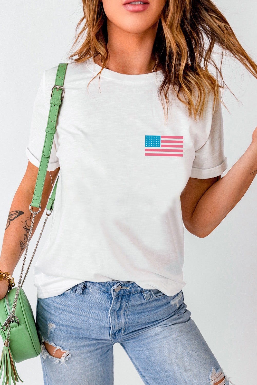 US Flag Round Neck Short Sleeve T-Shirt-Jewearrings