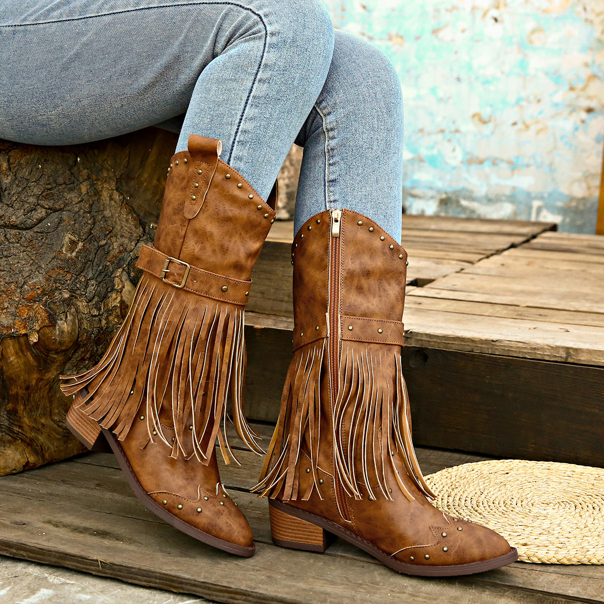 Studded Fringe Block Heel Boots-Jewearrings