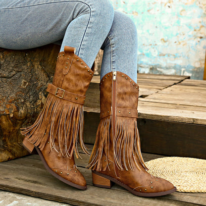 Studded Fringe Block Heel Boots-Jewearrings