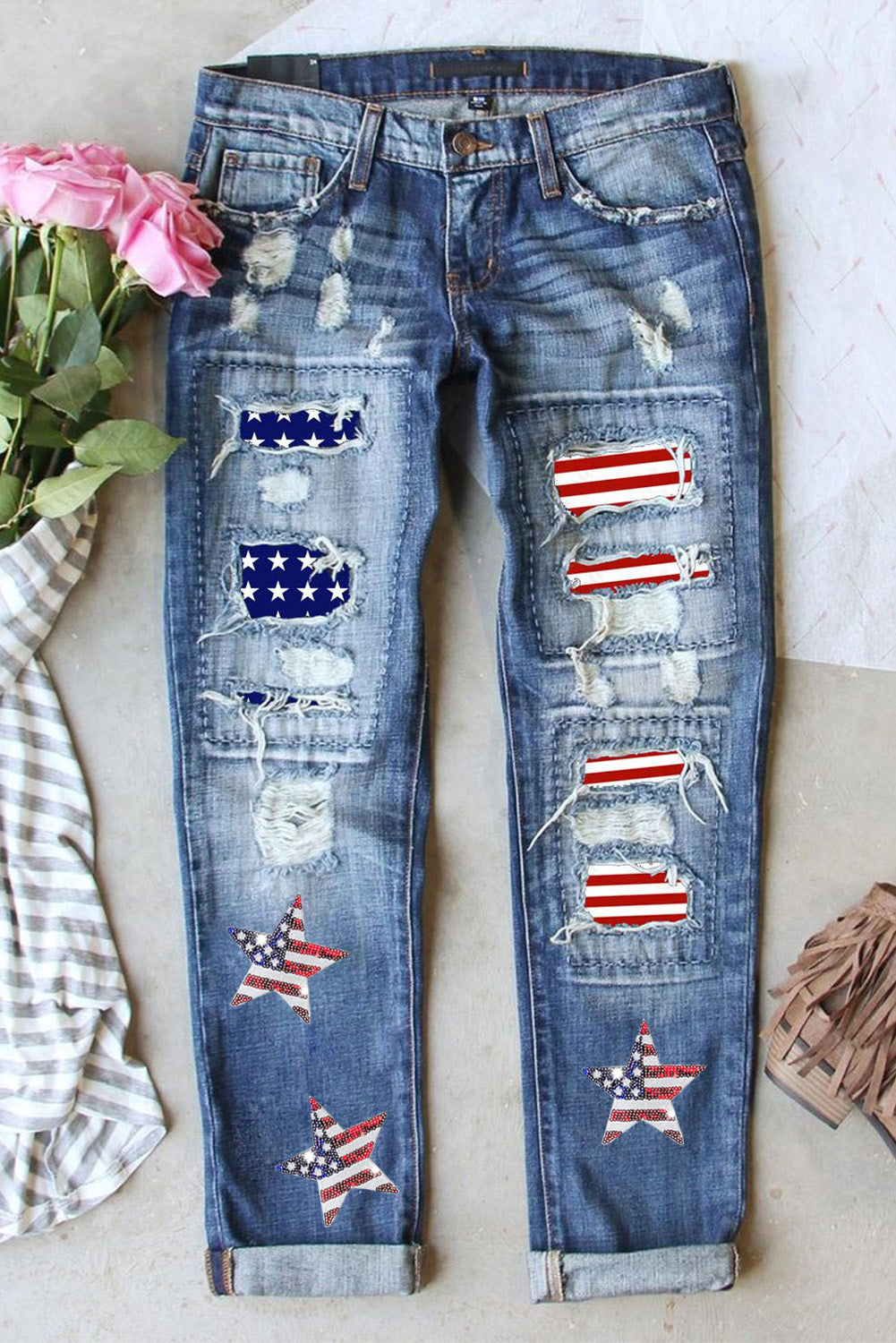 US Flag Mid-Rise Waist Straight Jeans-Jewearrings