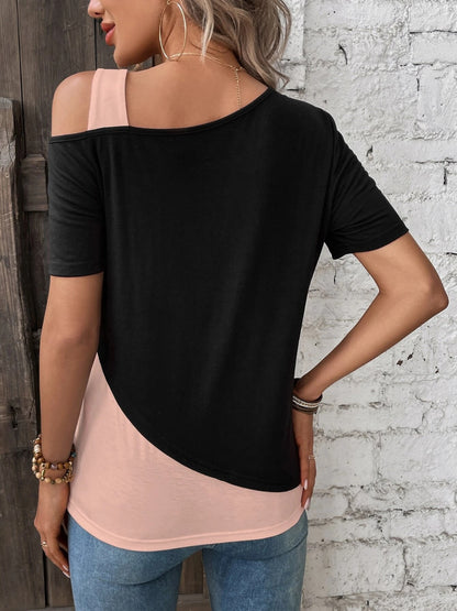 Contrast Asymmetrical Neck Short Sleeve T-Shirt-Jewearrings