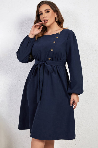 Melo Apparel Plus Size Buttoned Tie Belt Round Neck Long Sleeve Dress-Jewearrings