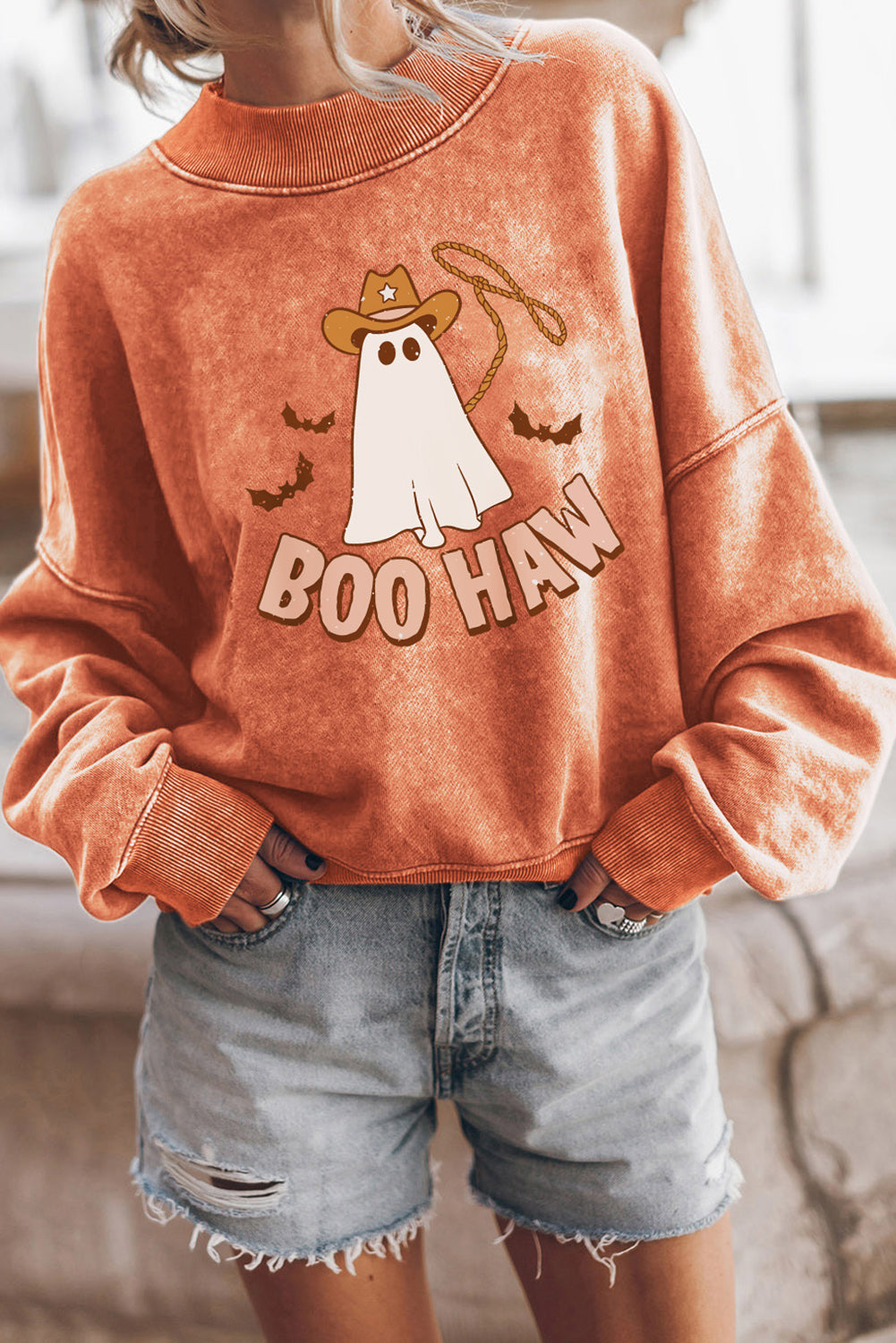 BOO HAW Ghost Graphic Dropped Shoulder Round Neck Sweatshirt-Jewearrings