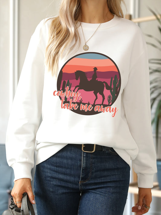 COWBOY TAKE ME AWAY Round Neck Long Sleeve Sweatshirt-Jewearrings